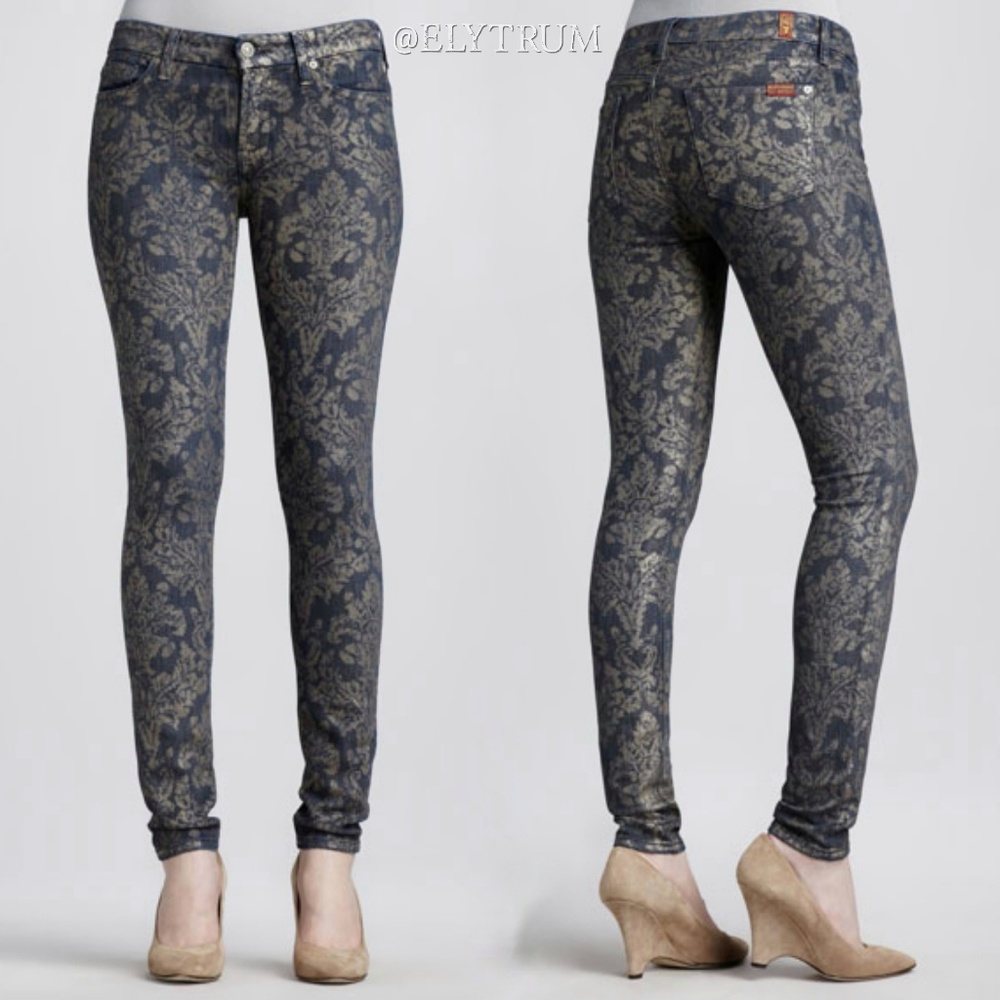 7 For All Mankind Laser Gold Brocade Skinny Jeans